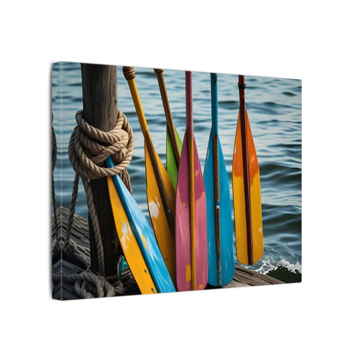 Canvas print of colorful boat oars on a dock