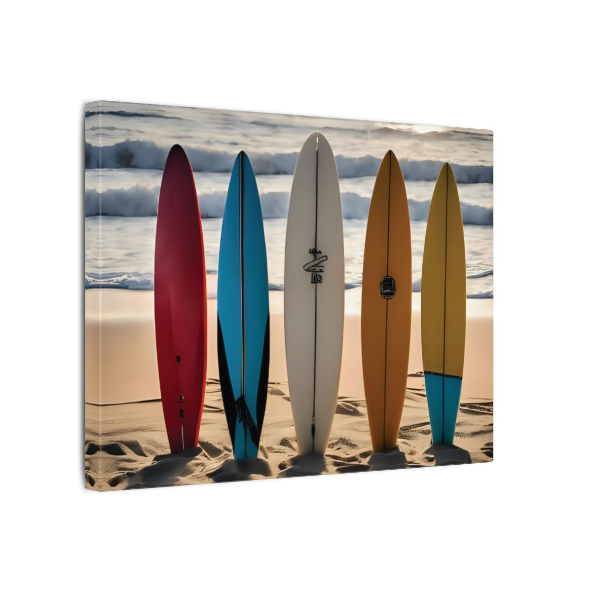 Canvas print of surfboards at sunset