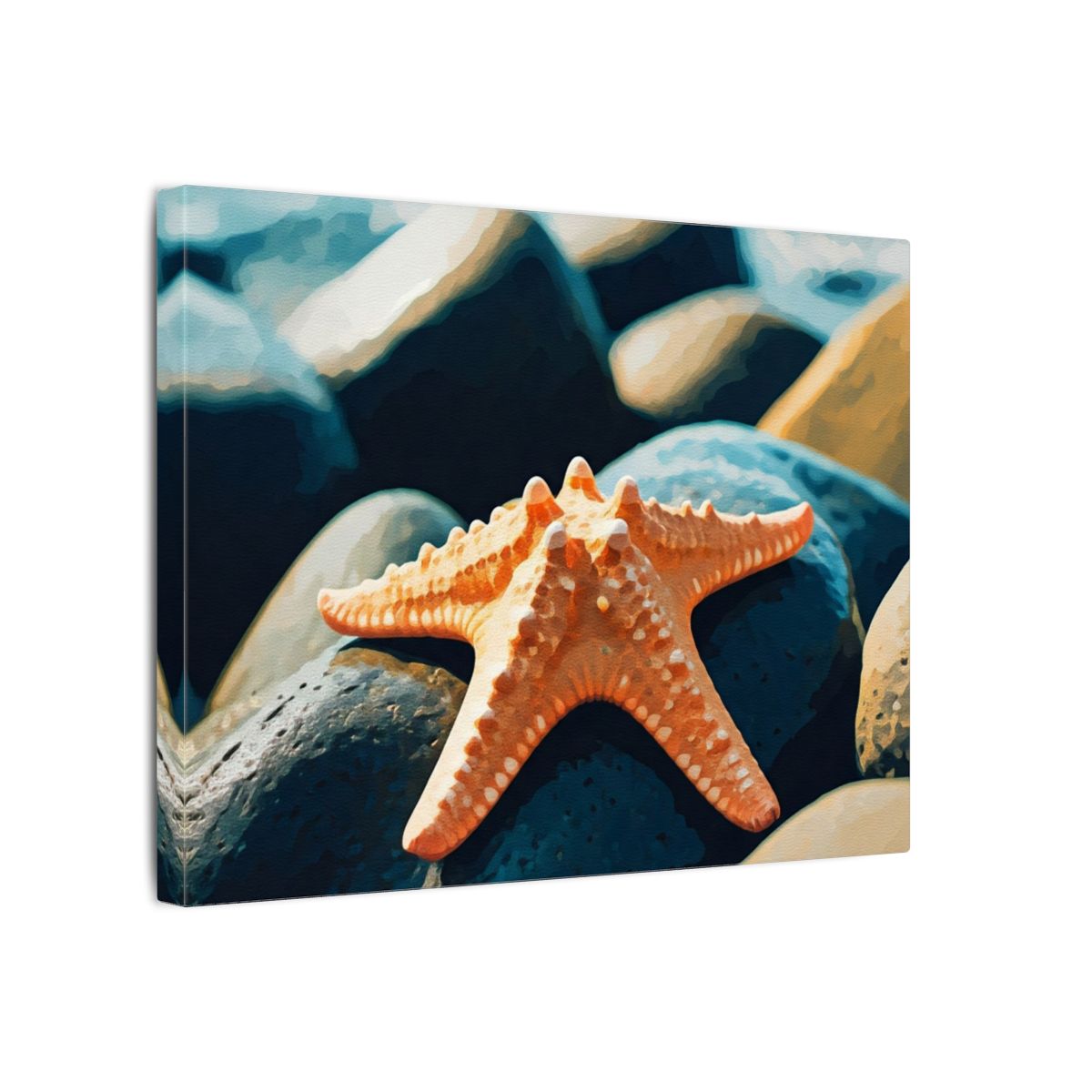 Canvas wall art with starfish on smooth stones